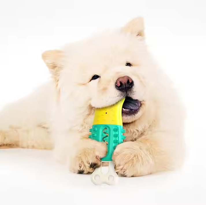 Dog dental chew toy with suction cup base, promoting oral health & anxiety relief for pets.