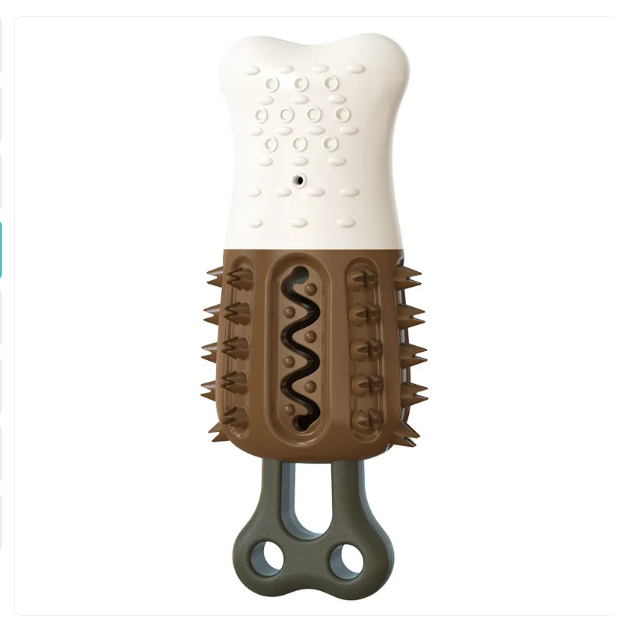 Close-up of dog dental chew toy with textured surface, a suction toy for pet's oral hygiene & engagement.