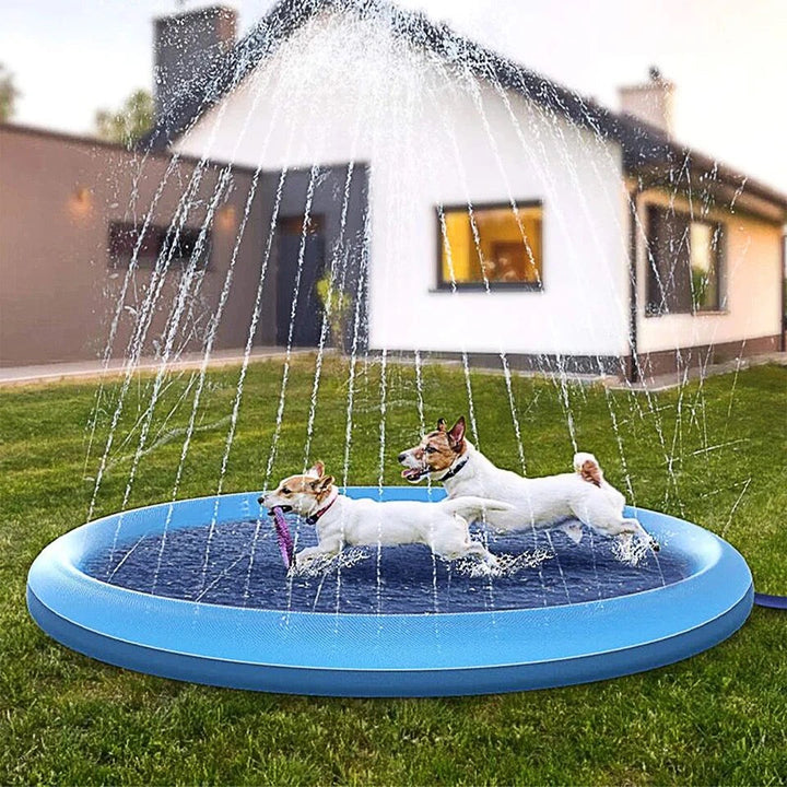 Dog enjoying refreshing water from an outdoor summer water fountain toy for pets