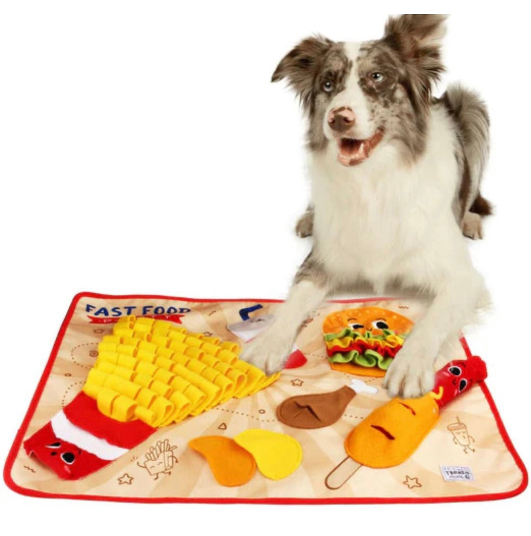 Dog fast food party snuffle mat for slow feeding, interactive pet enrichment puzzle toy, polyester mat with squeaker