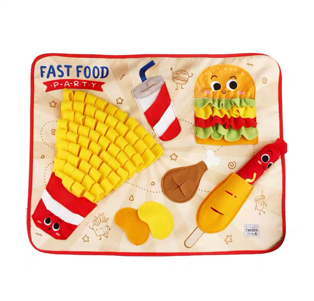 Slow feeder snuffle mat in fast food design, an interactive foraging toy for dogs, promoting pet enrichment and mental stimulation