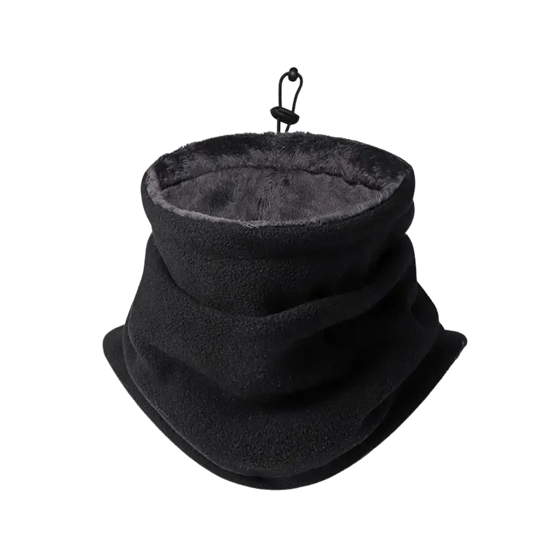 Close-up of a dog wearing a black fleece neck gaiter, perfect for cold weather sports