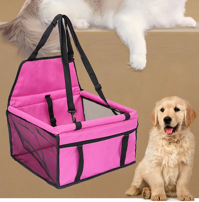 Foldable dog car seat, black waterproof booster with adjustable safety belt for pets