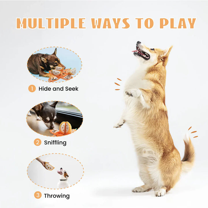 Cute Dog Fruit Puzzle Plush Toy, squeaky and interactive for mental enrichment