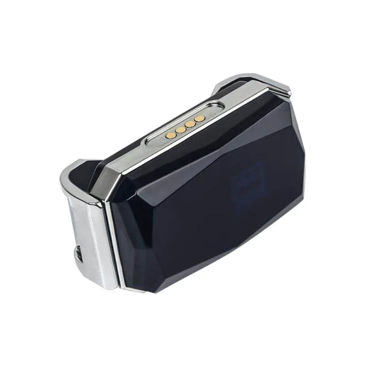 Detailed view of a dog GPS tracker's charging port and power button, next to a black collar