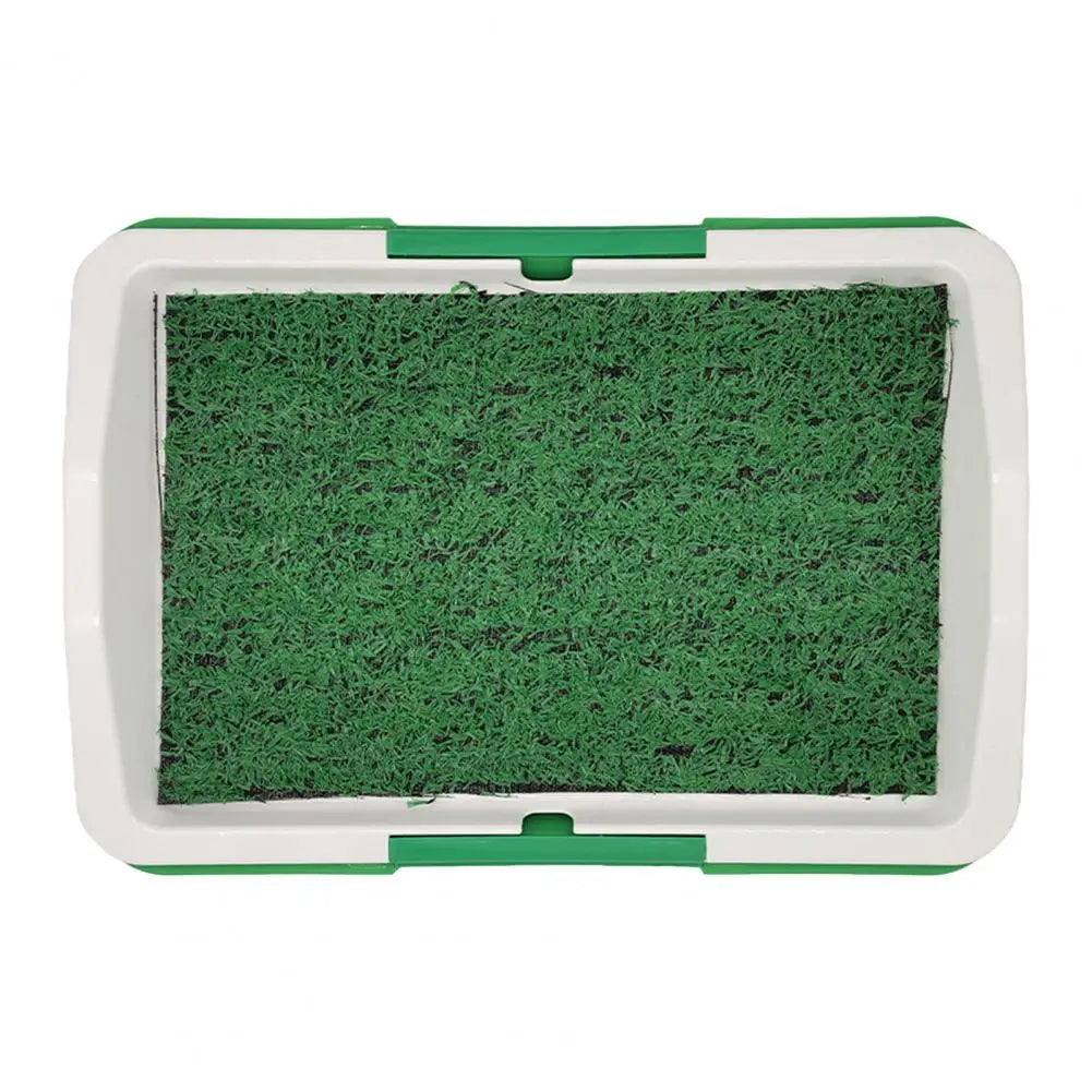 Indoor outdoor dog potty system, artificial grass mat in a durable leak-proof tray for convenient pet waste disposal.
