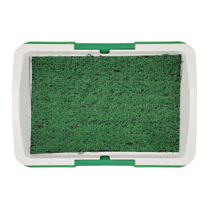 Indoor outdoor dog potty system, artificial grass mat in a durable leak-proof tray for convenient pet waste disposal.