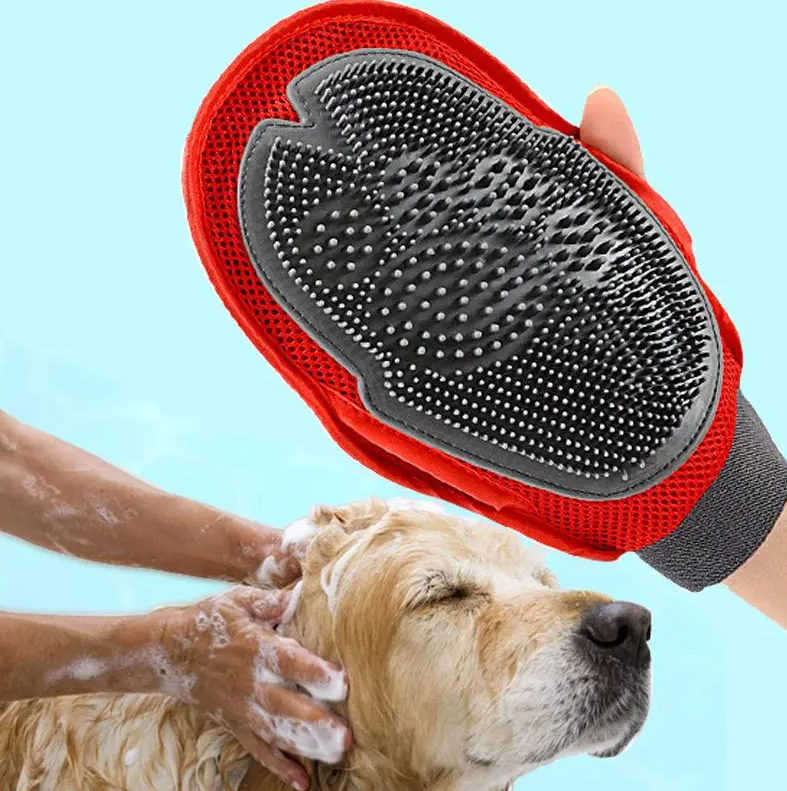 Dog grooming bath glove for gentle massaging and effective pet cleaning, black color for dog hygiene.