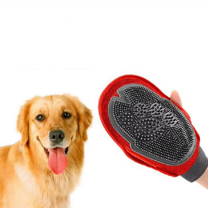Dog grooming black bath glove, soft bristles for massaging and cleaning pet fur effectively.