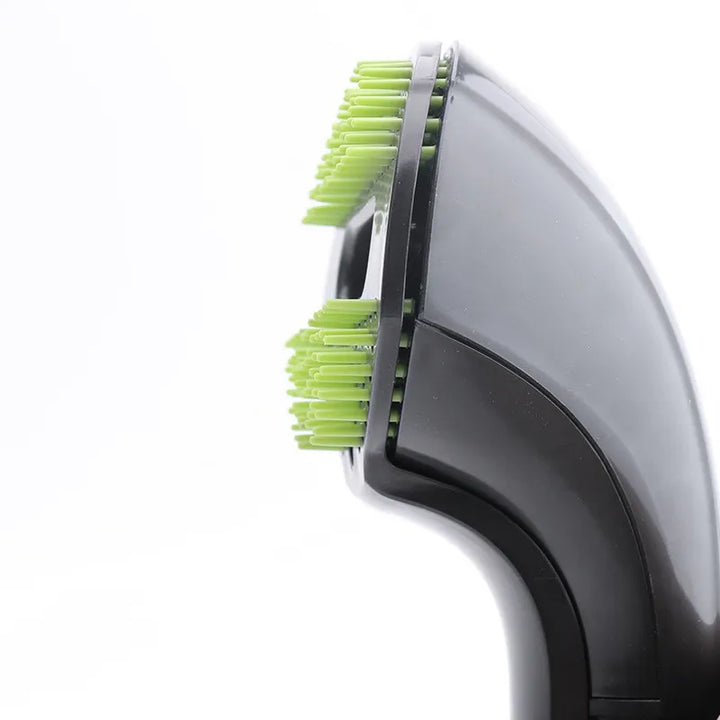 Happy dog being groomed with a dual-function pet brush, offering both detangling and a soothing massage.