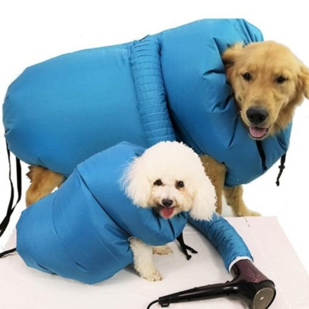Dog grooming hair dryer bag made of oxford cloth for quick pet drying after bath, waterproof design.