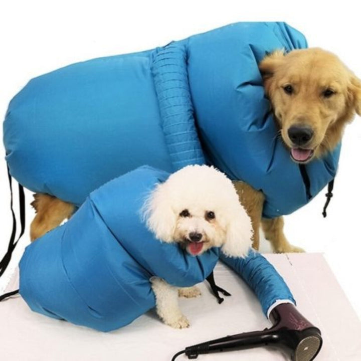 Dog grooming hair dryer bag made of oxford cloth for quick pet drying after bath, waterproof design.