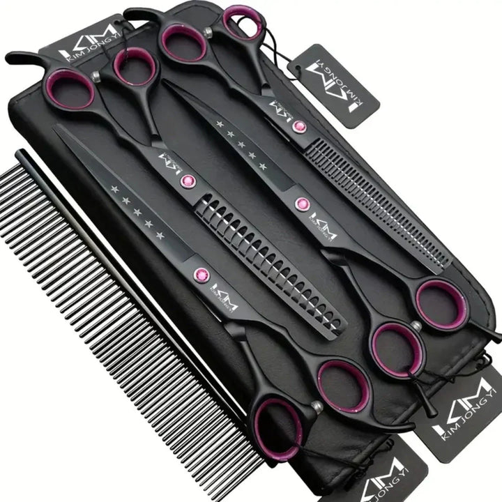 Dog grooming scissor set with curved and straight shears for pet trimming