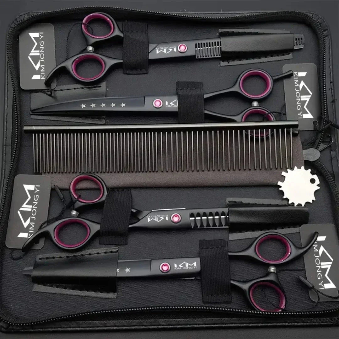 Professional pet grooming kit including safety round-tip scissors for dogs