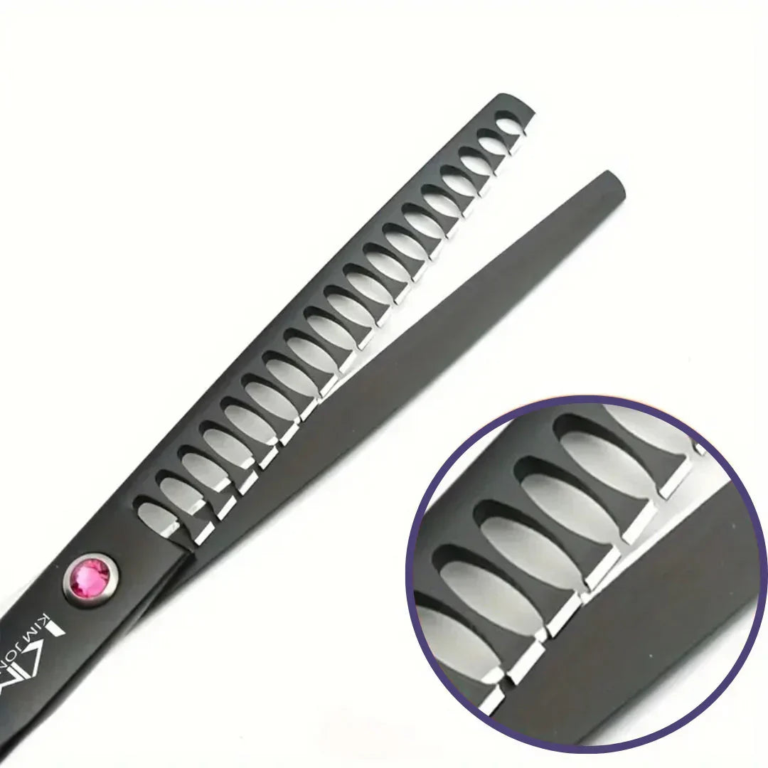 Close-up of dog grooming scissors, showing sharp blades for precise pet care