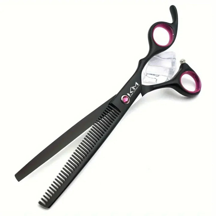Full set of dog grooming supplies: curved, straight, and thinning scissors