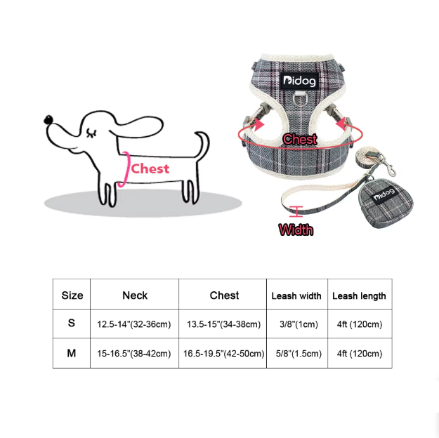 Comfortable dog harness in checked pattern with matching leash and waste bag dispenser, ideal pet accessories for daily walks.