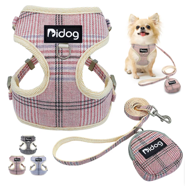 Complete pet accessories: Dog harness, leash, and waste bag dispenser featuring a classic checked pattern for canine style.