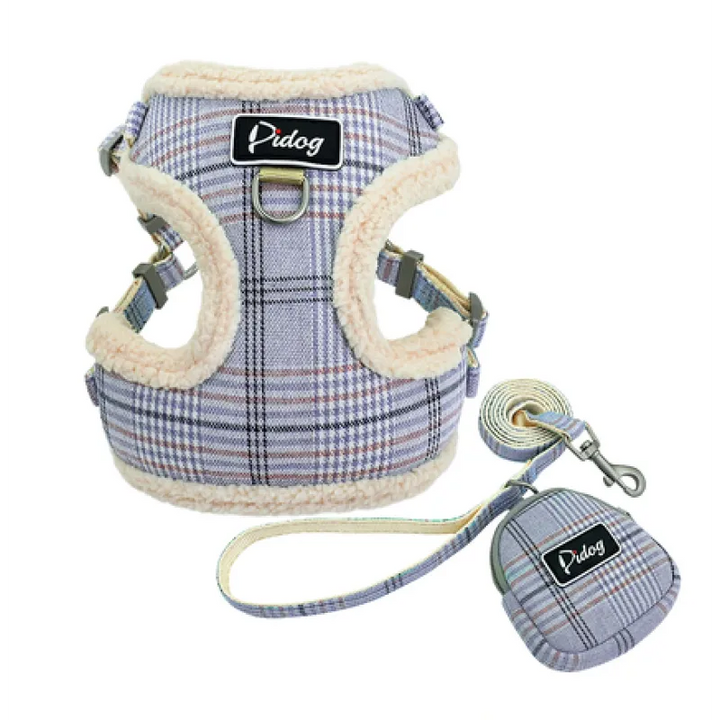 Soft, comfortable dog harness set with leash, waste bag dispenser, and a fashionable checked design for your small dog.