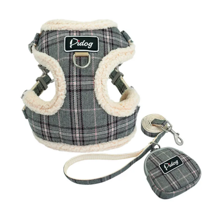 Dog walking essentials: Checked pattern harness and leash set with a convenient waste bag dispenser for medium-sized dogs.