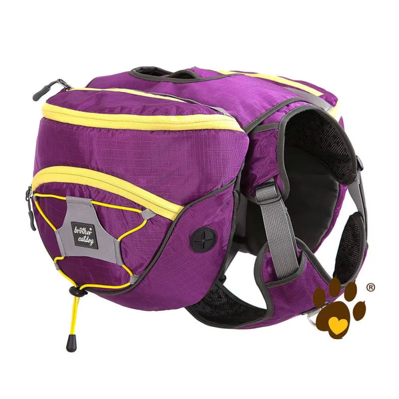 Front view of a portable dog carrier backpack, highlighting its integrated dog harness feature