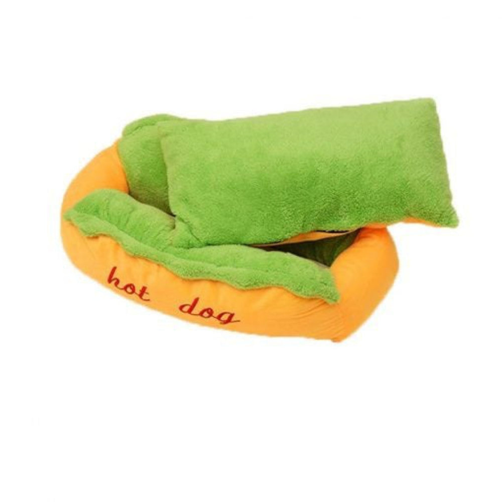 Plush hot dog pet bed with soft bolster, ideal for small dogs seeking comfort and warmth