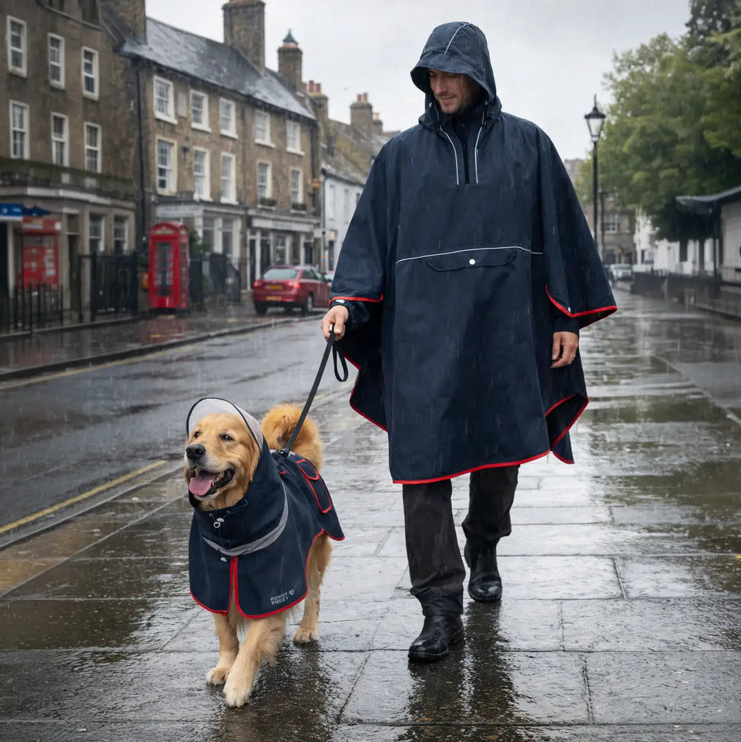 Matching adjustable dog raincoat and human jacket, front view, vibrant blue, protecting from rain and wind