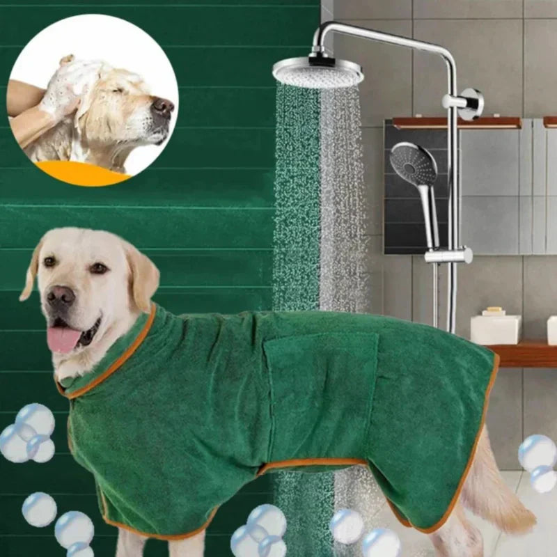 Dog in blue microfiber quick-dry bathrobe, looking cozy and clean after bath