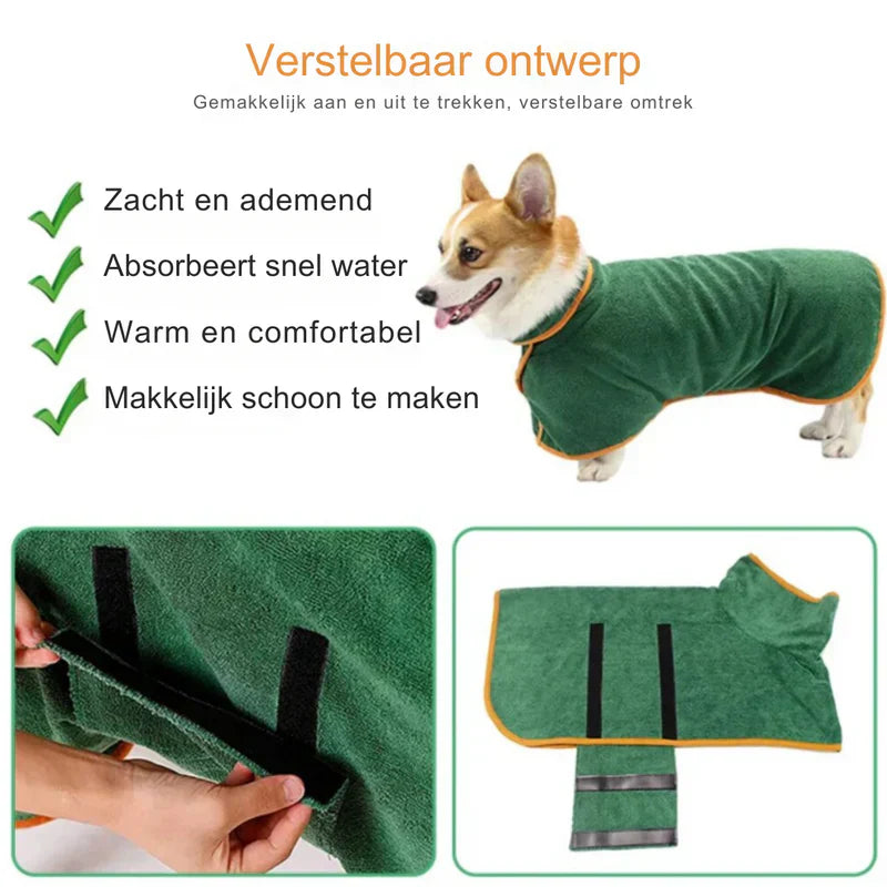 Child petting dog in a soft, absorbent microfiber bathrobe for ultimate pet comfort