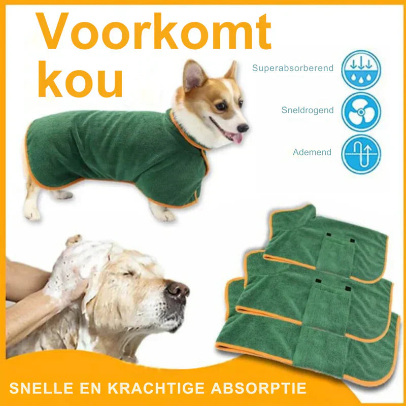 Dog standing on a bath mat wearing a practical quick-dry microfiber dog drying towel