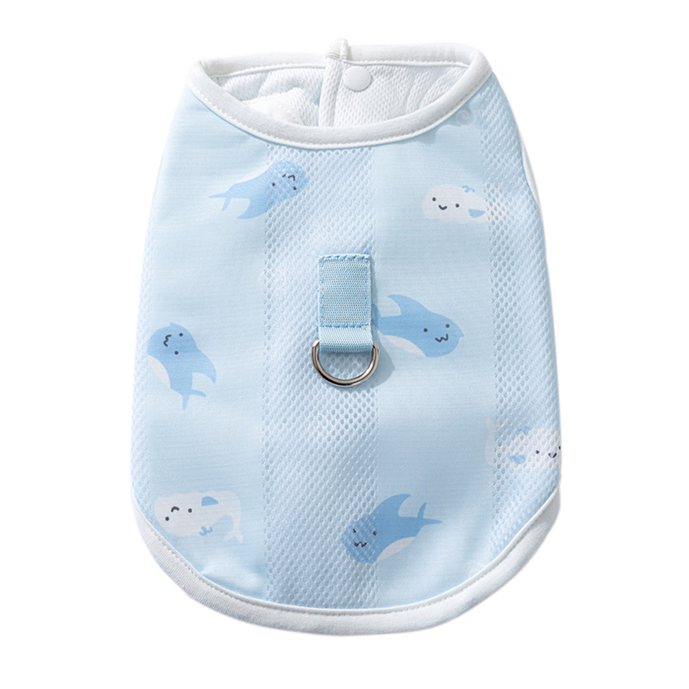 Dog in blue summer cooling vest, adjustable straps, for outdoor activities, breathable pet apparel