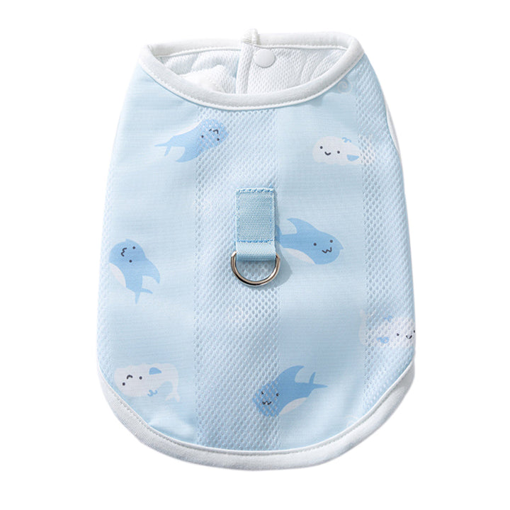 Dog in blue summer cooling vest, adjustable straps, for outdoor activities, breathable pet apparel