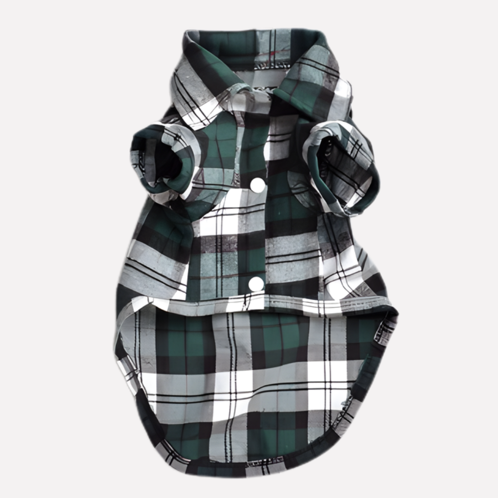New arrival! Dog clothing: black and red plaid button-down shirt for your trendy canine.
