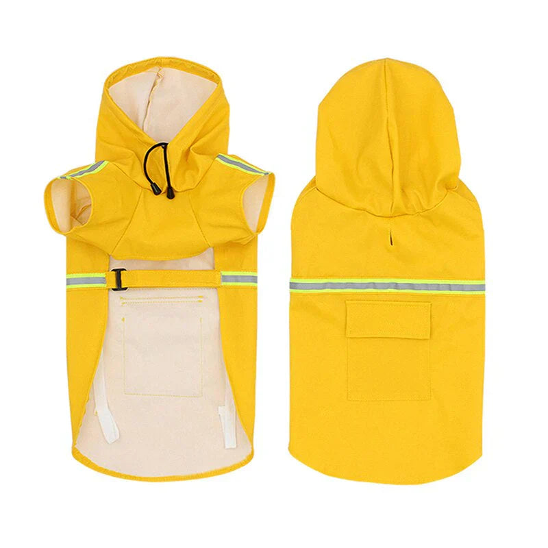 Waterproof dog jacket with hood in blue, featuring adjustable straps for comfortable pet apparel.