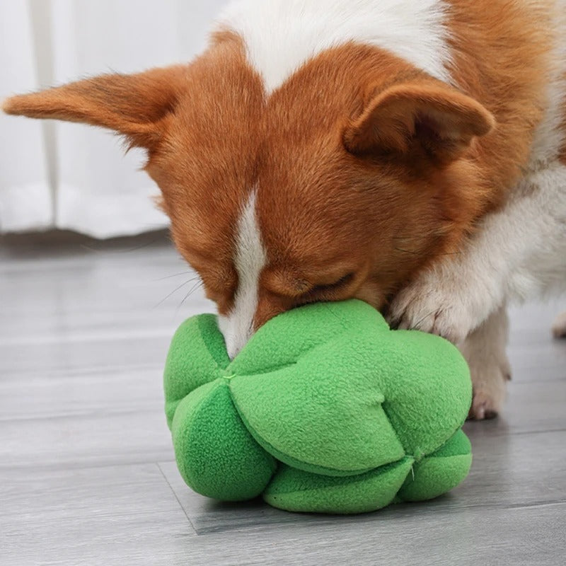Green broccoli slow feeder dog toy for sniffing games and puzzle enrichment
