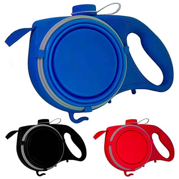 Durable dog leash accessory with water bottle, snap-on bowl, and waste bag compartment