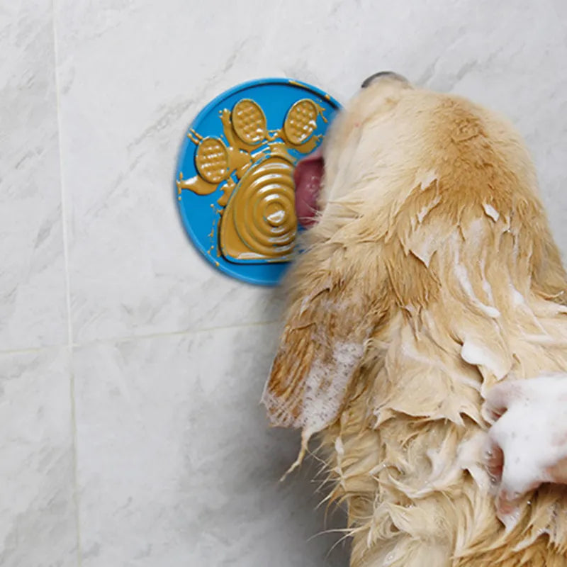 Stress relief dog treat toy, silicone pet lick mat sticks to ceramic for easy grooming.