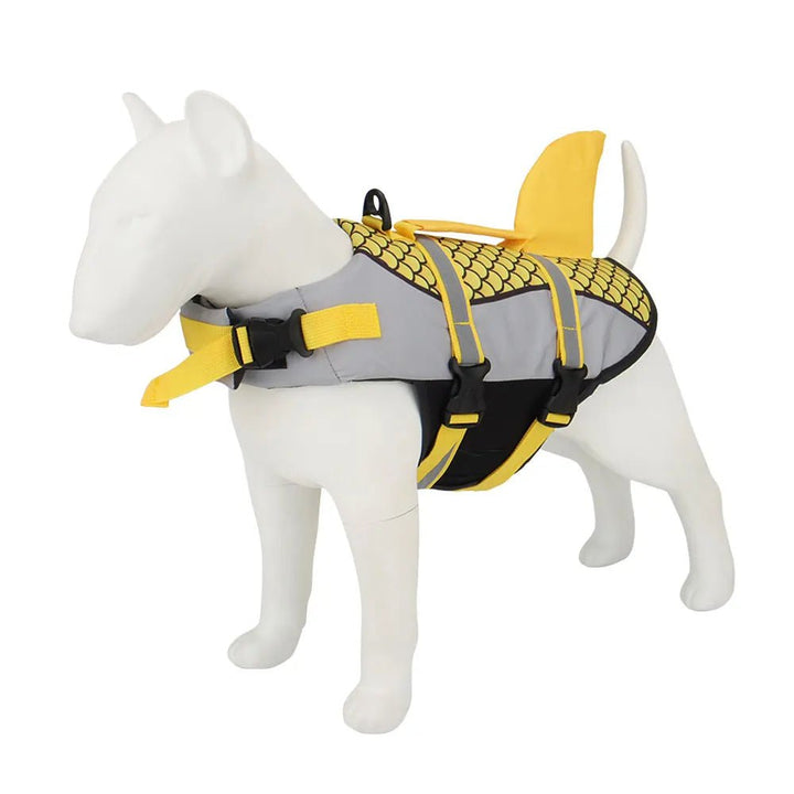 Dog life jacket with shark fin design for pet water safety and swimming
