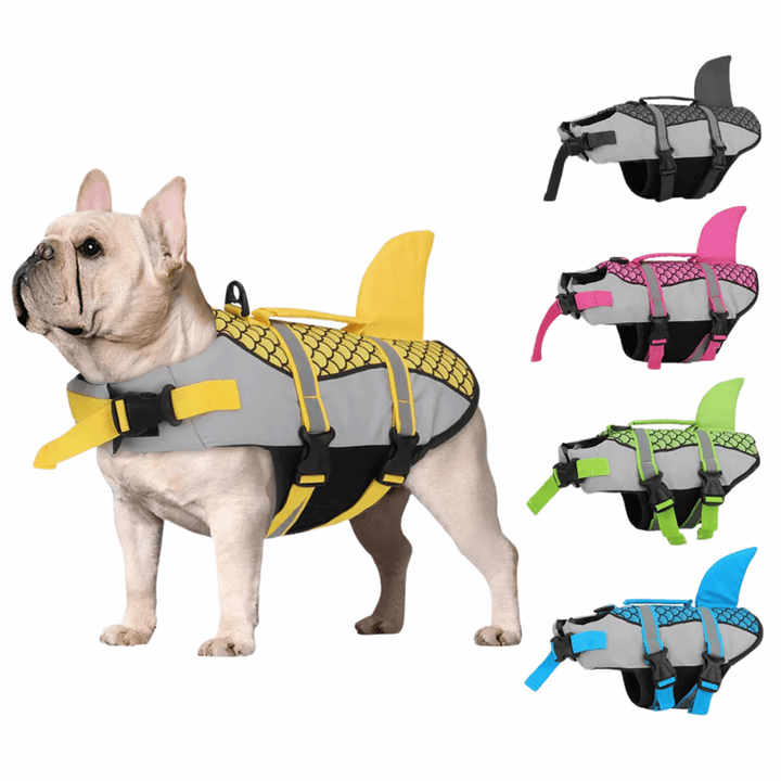 Adjustable dog life vest featuring a fun shark design for secure water play