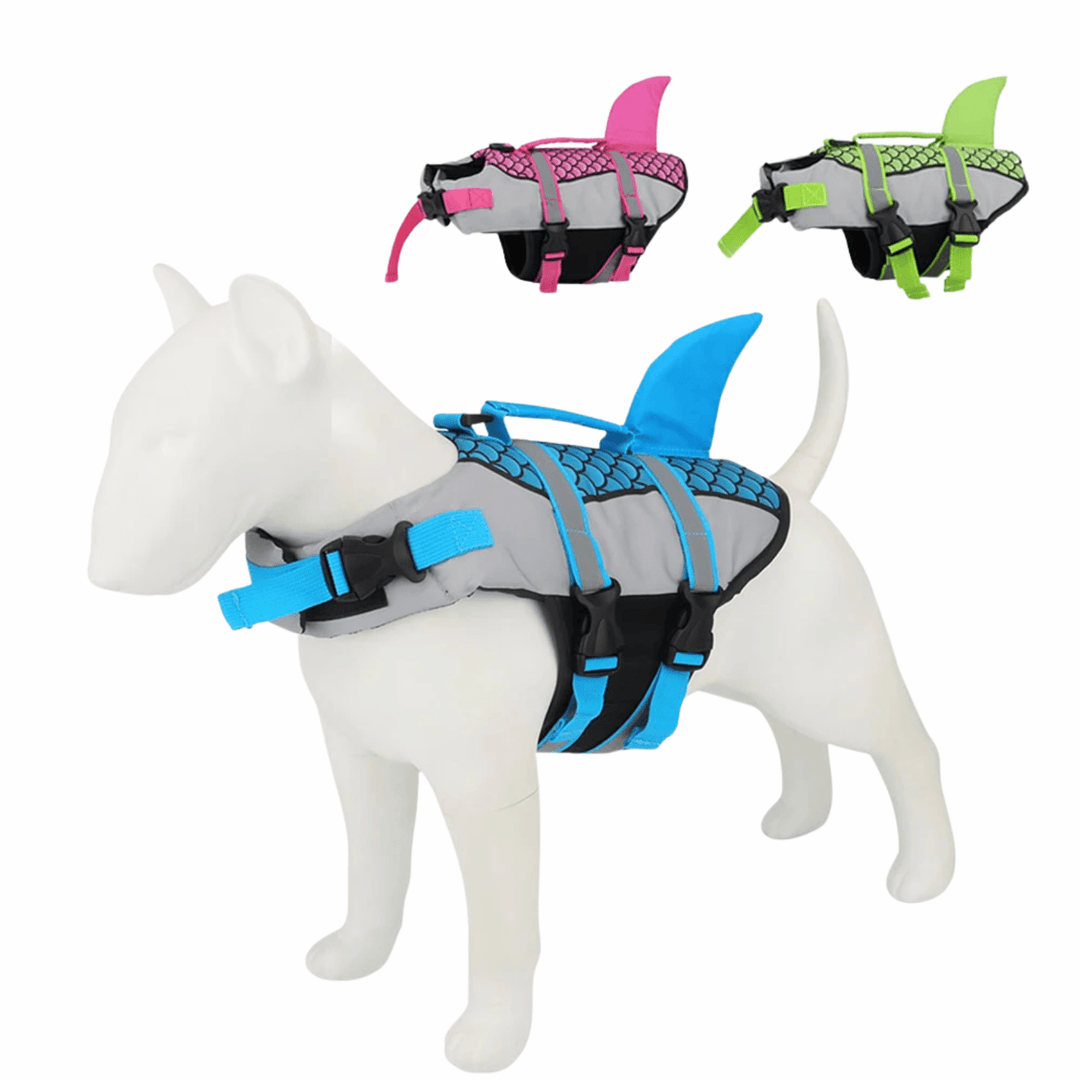 Lightweight pet life jacket with a vibrant shark fin, ensuring dog safety in water