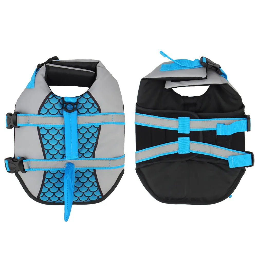 Front view of a dog wearing a shark design life vest, perfect for swimming