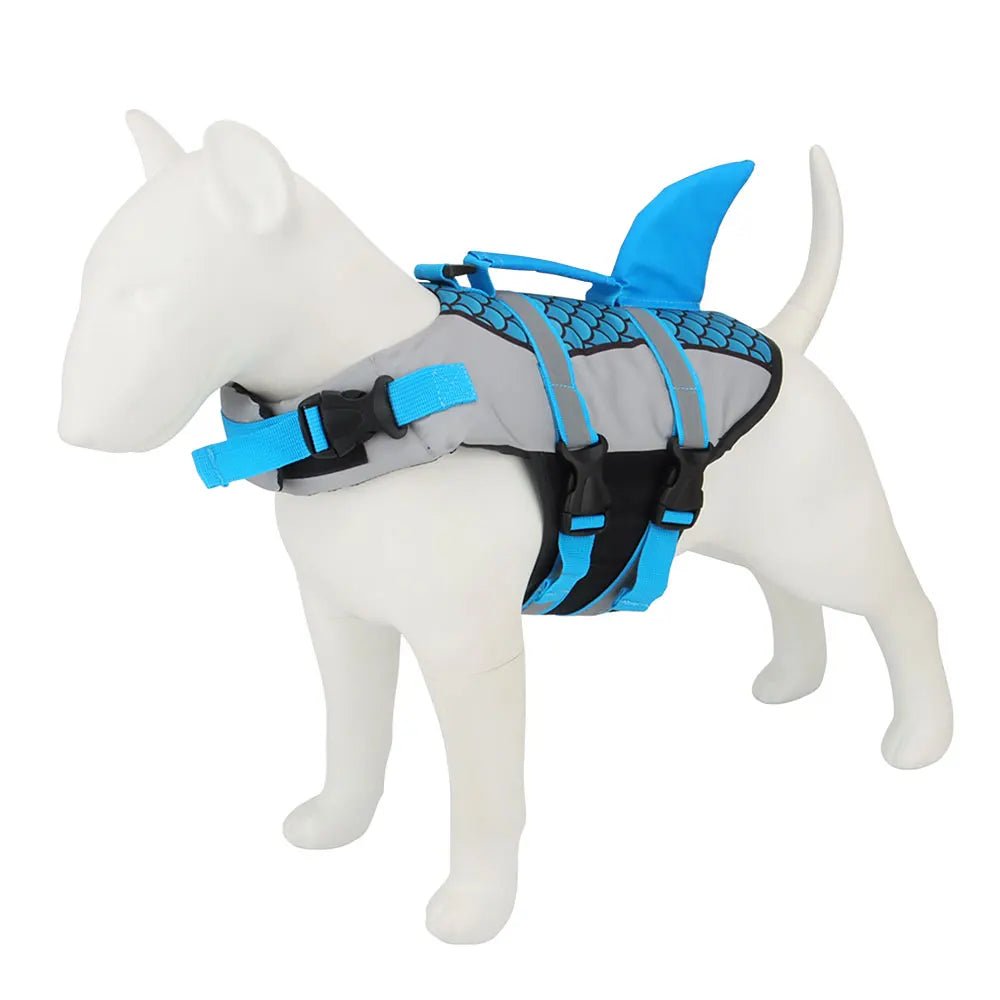 Dog life jacket with shark fin and adjustable straps for ultimate water safety