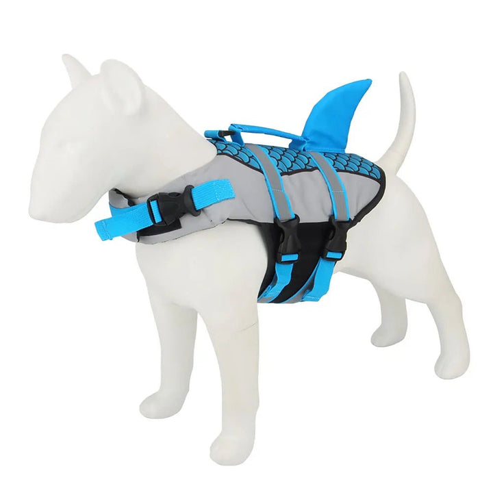 Dog life jacket with shark fin and adjustable straps for ultimate water safety