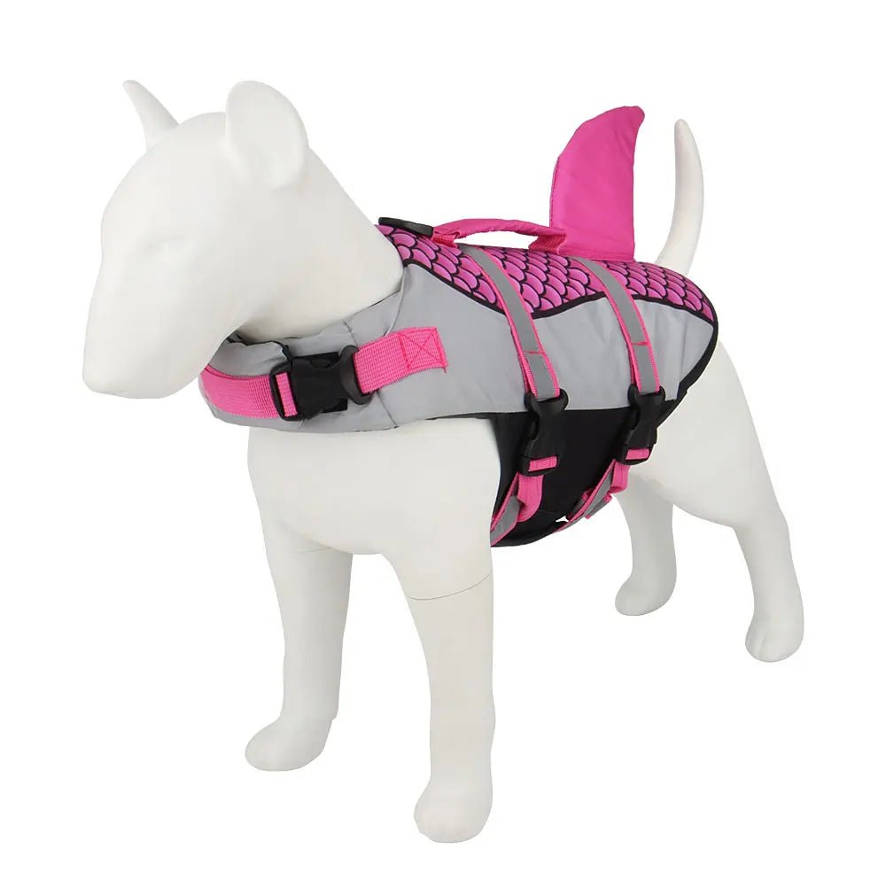 Secure pet swim vest with a playful shark design, ideal for outdoor water activities