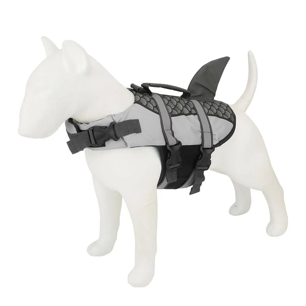 Durable dog life jacket with prominent shark fin for visibility and safety on water
