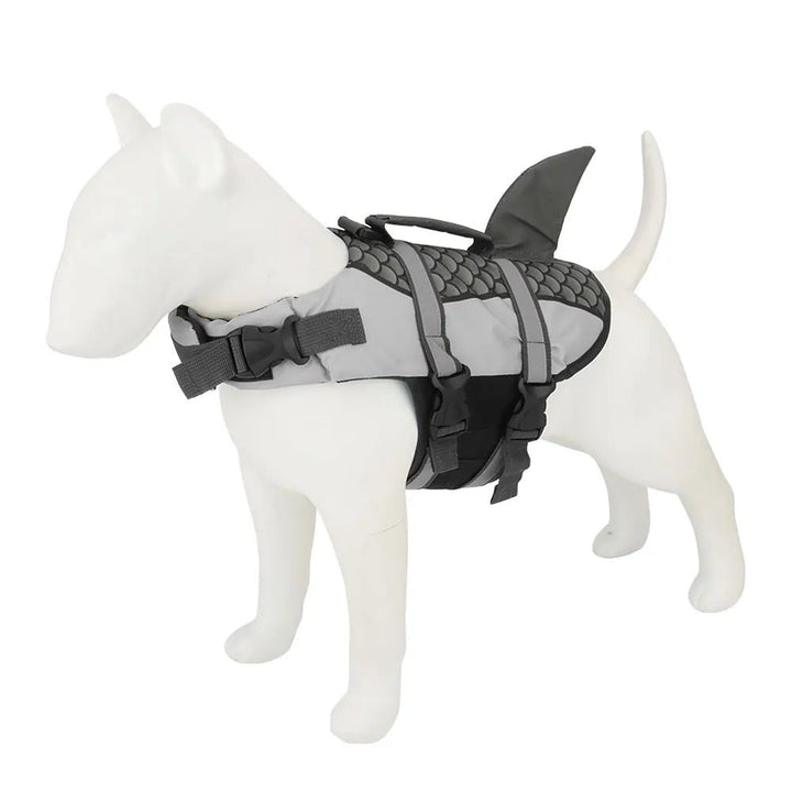 Durable dog life jacket with prominent shark fin for visibility and safety on water