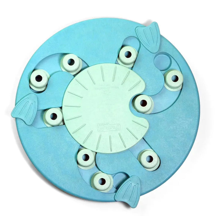 Blue and pink dog puzzle feeder toy with various compartments for treats, enhancing pet mental stimulation
