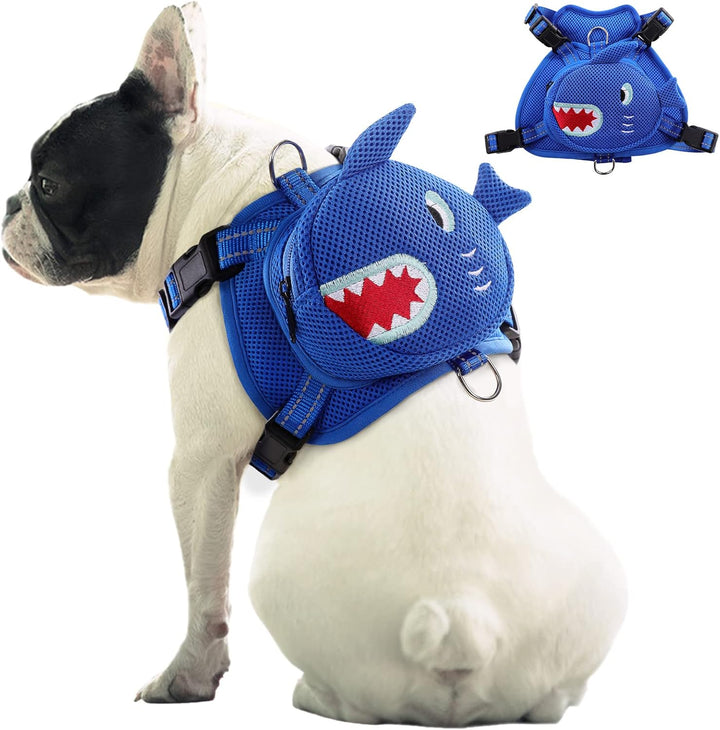 Dog wearing adjustable no-pull backpack harness during a hike