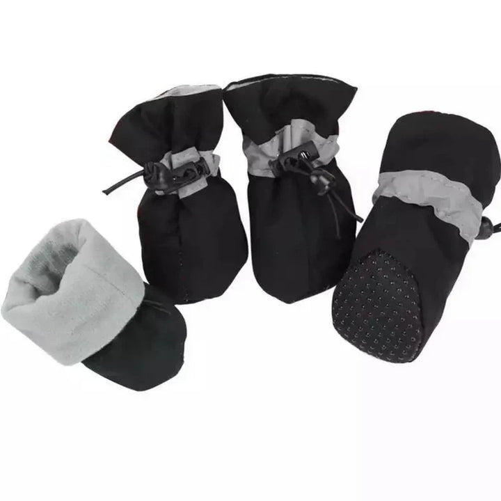 Waterproof dog boots protecting paws from snow and ice, key pet accessories for comfortable winter dog adventures.