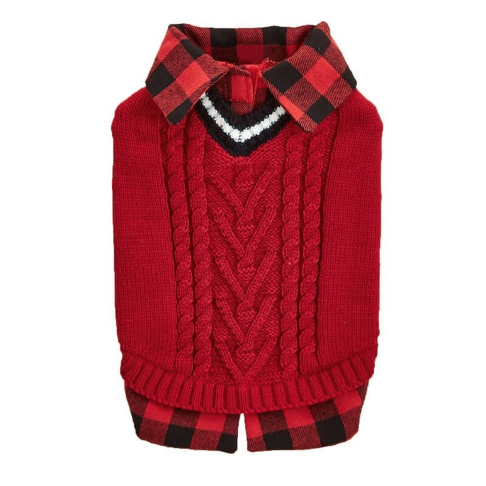 Cozy cable knit dog sweater vest with stylish plaid collar for puppies